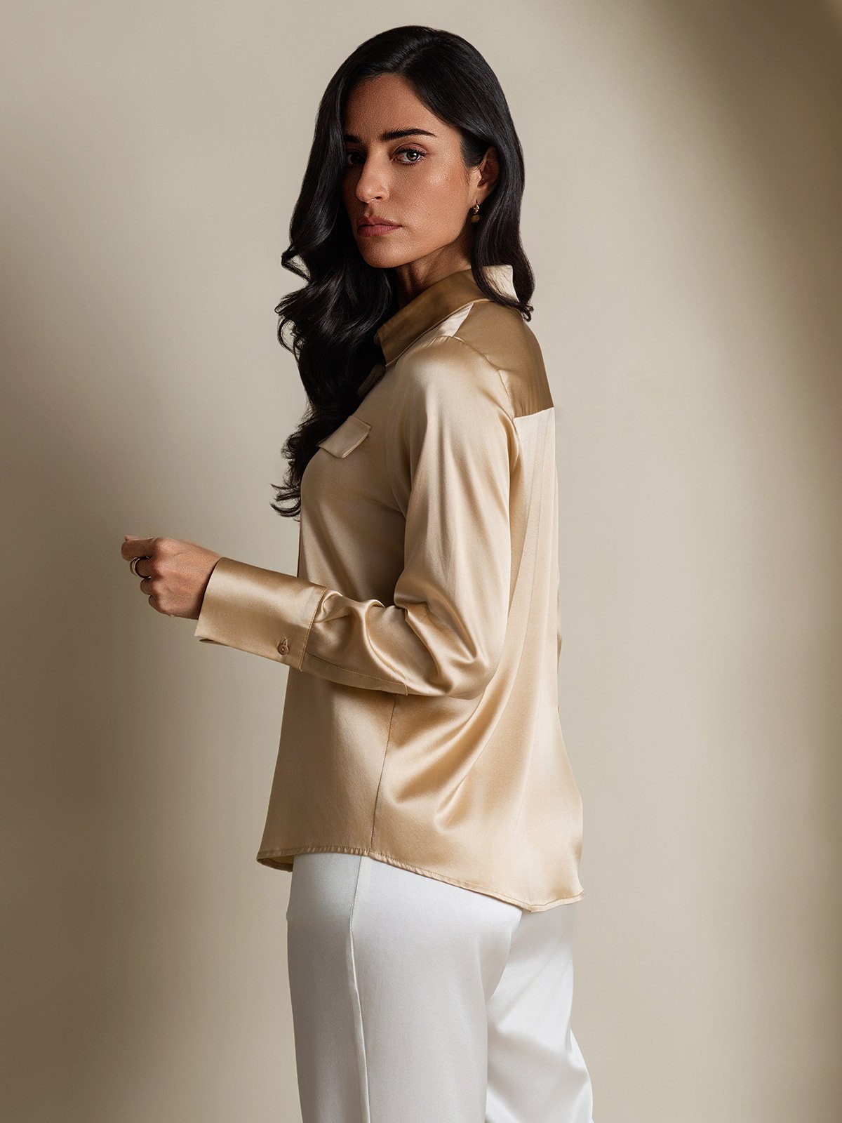 SilkSilky-UK 19Momme Silk Long Sleeve Collar Women's Shirt Champagne 002