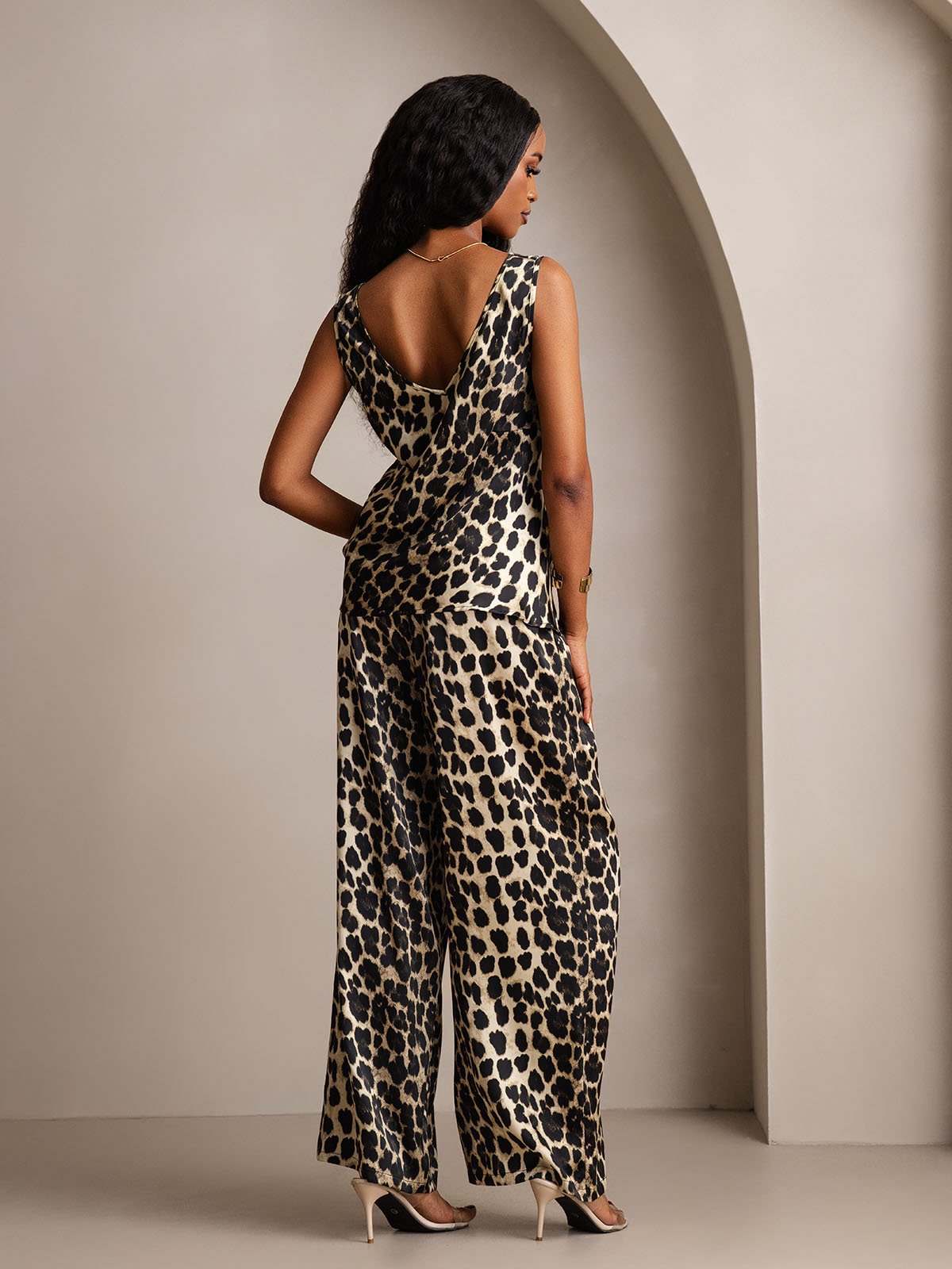 SilkSilky-UK Pure Silk V Neck Women''s Outfit Sets Leopard 002