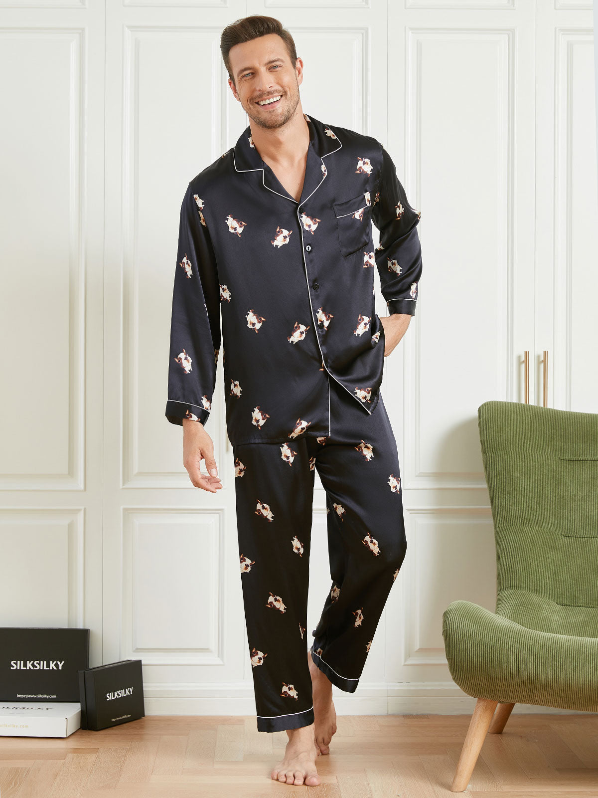 Silksilky Dog Print Black Silk Sleepwear Silk Men s Pajamas UK