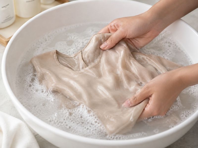 Hand washing a silk cotton blend blouse in a basin of cool water with delicate laundry detergent.