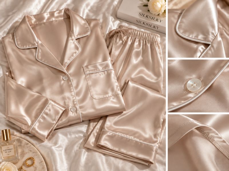 Women's pure mulberry silk pyjama set with piping detail and smooth finish