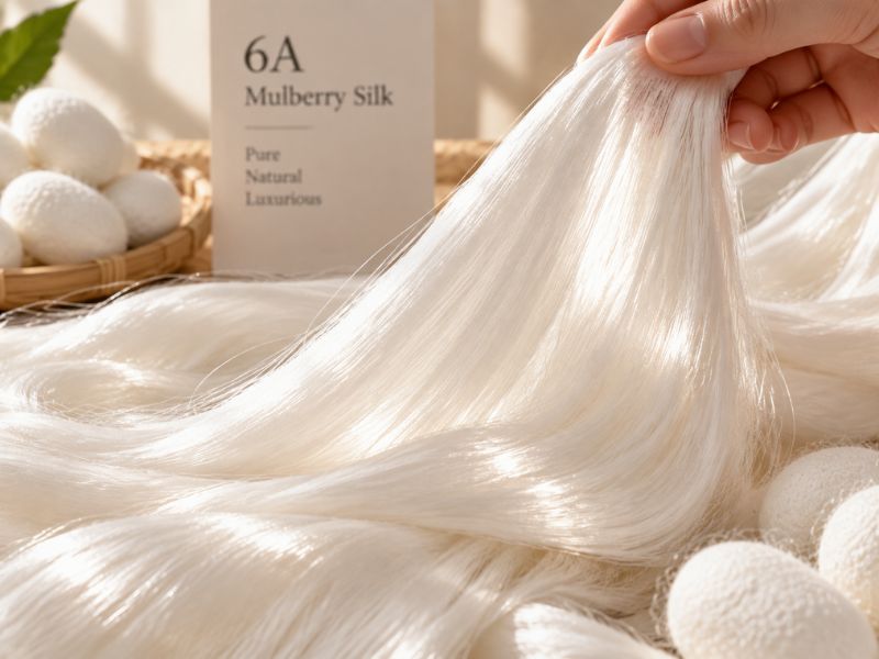 Close-up of smooth 6A grade mulberry silk filaments showing natural luster