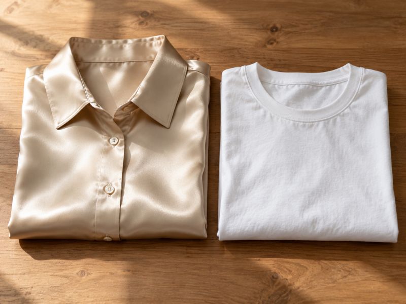 Pure mulberry silk shirt alongside textured cotton garment on wooden table