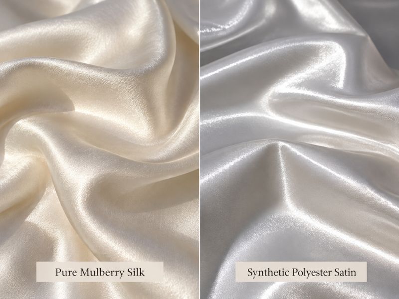 Pure mulberry silk sheen sunlight comparison vs synthetic polyester satin