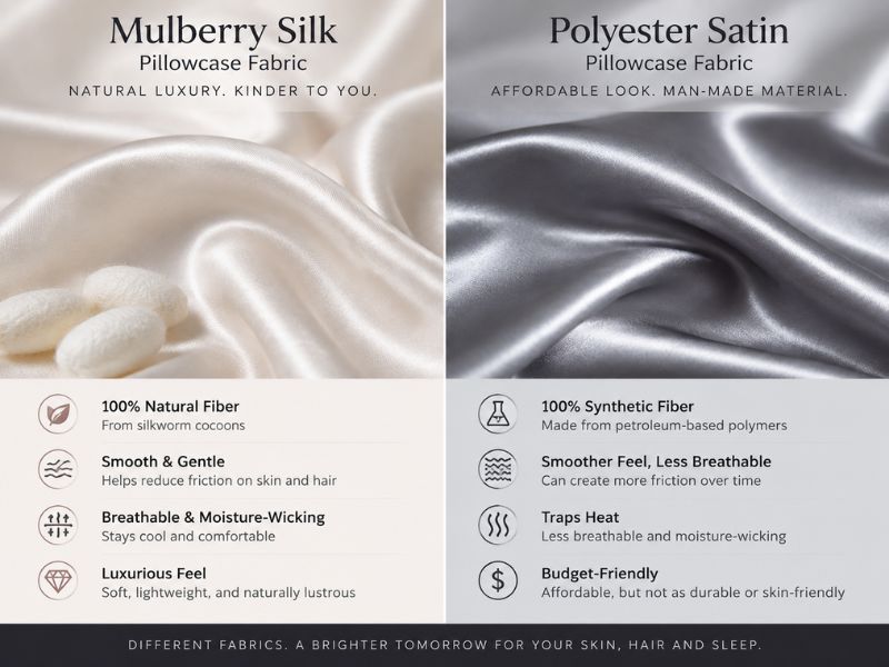 Mulberry silk vs synthetic polyester satin pillowcase fabric comparison