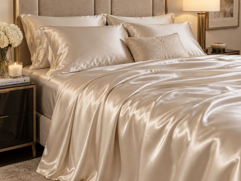 Luxurious champagne mulberry silk bedding set neatly arranged on a bed, showing soft drape and natural sheen.