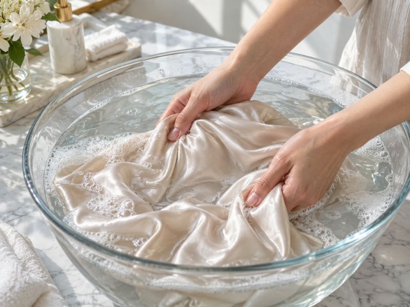 Hand washing a silk pillowcase in cool water with a mild homemade silk wash.