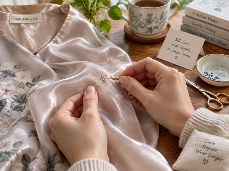 Gently repairing a pulled thread on a Mulberry silk garment at home