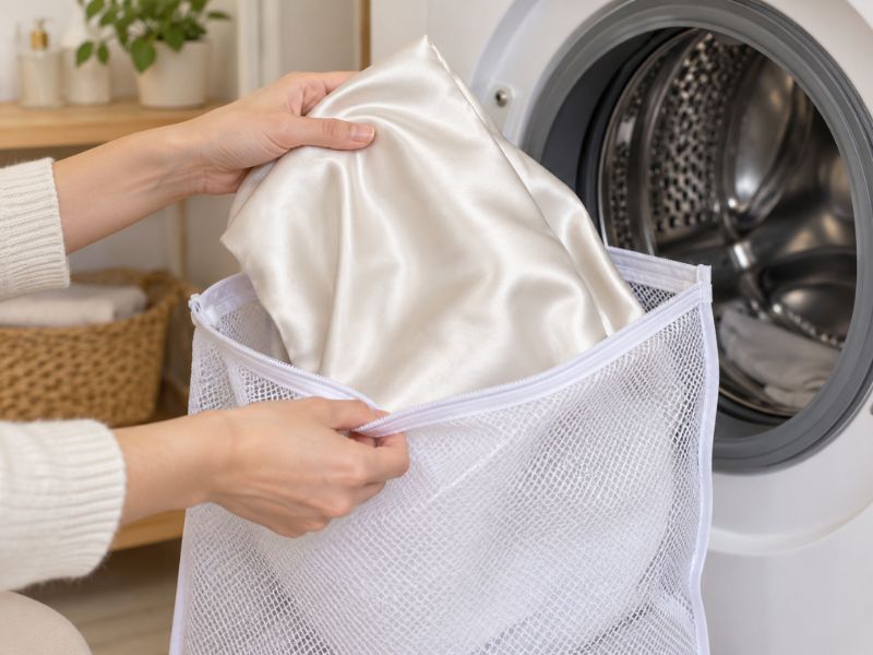 Placing a SilkSilky Mulberry silk pillowcase into a mesh laundry bag for machine washing