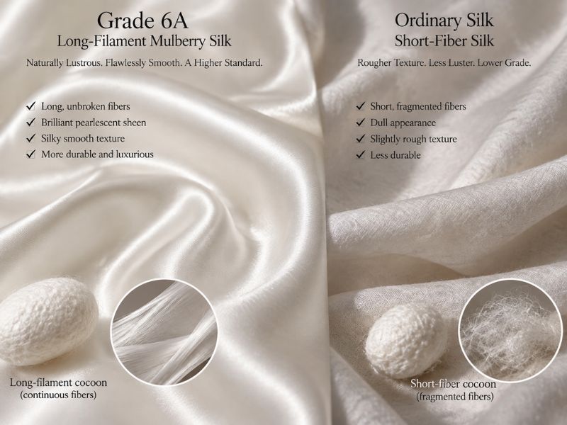 Close-up of 6A grade mulberry silk fabric showing premium natural pearl luster and smooth texture.
