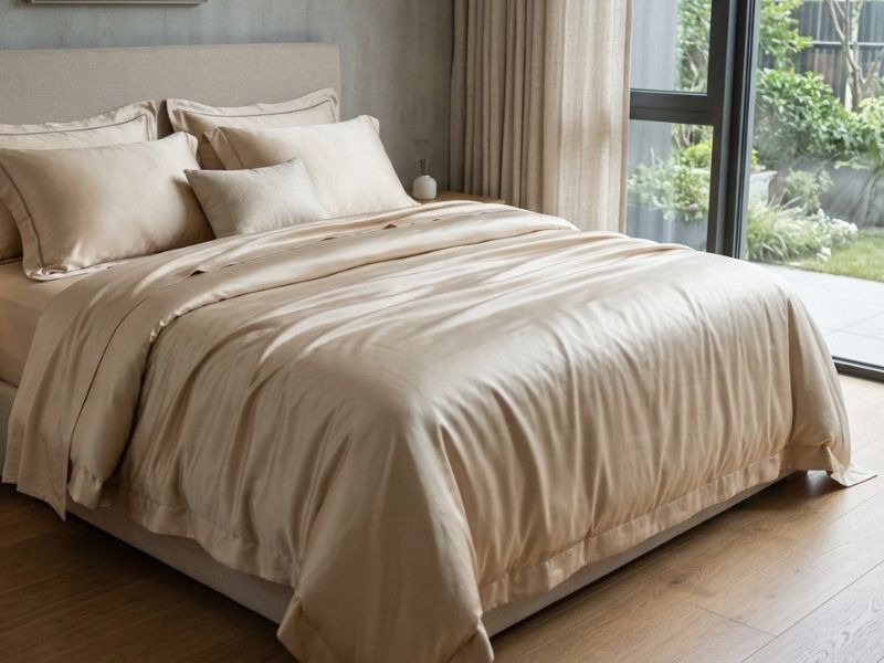 Luxury king size Mulberry silk bedding set neatly styled on a bed in a modern minimalist bedroom