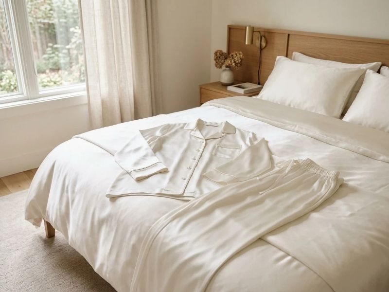 Elegant Mulberry silk pajama set neatly styled on a bed in a modern bedroom