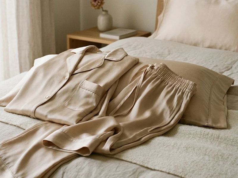 Luxurious pure silk pajama set with soft natural sheen and smooth fluid drape on a modern bed