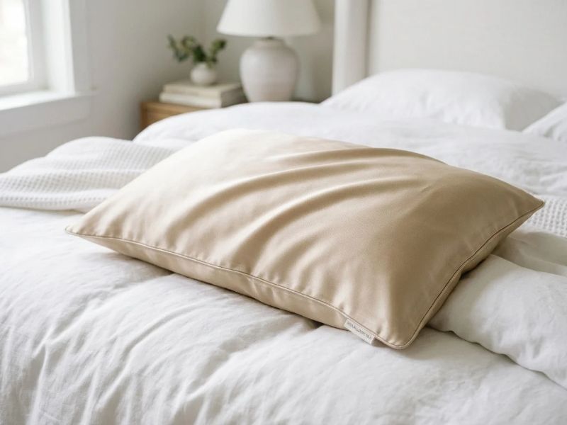 Premium ivory mulberry silk pillowcase displaying smooth texture and high-luster weave.