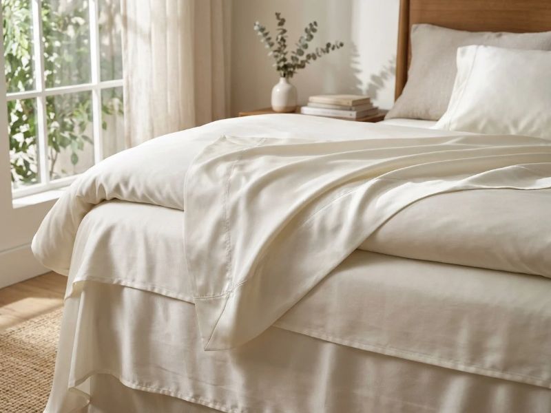 Pure mulberry silk bed sheets showing breathable weave and cool touch texture in a bedroom.