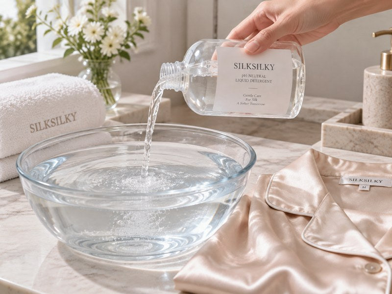 Pouring a pH neutral liquid detergent for washing pure silk garments safely