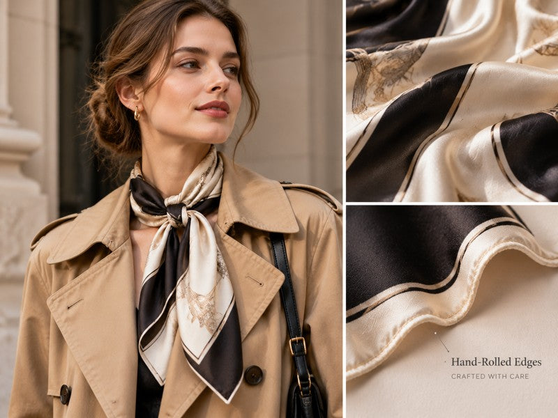 A woman wearing a 100% mulberry silk scarf with hand-rolled hems and natural luster