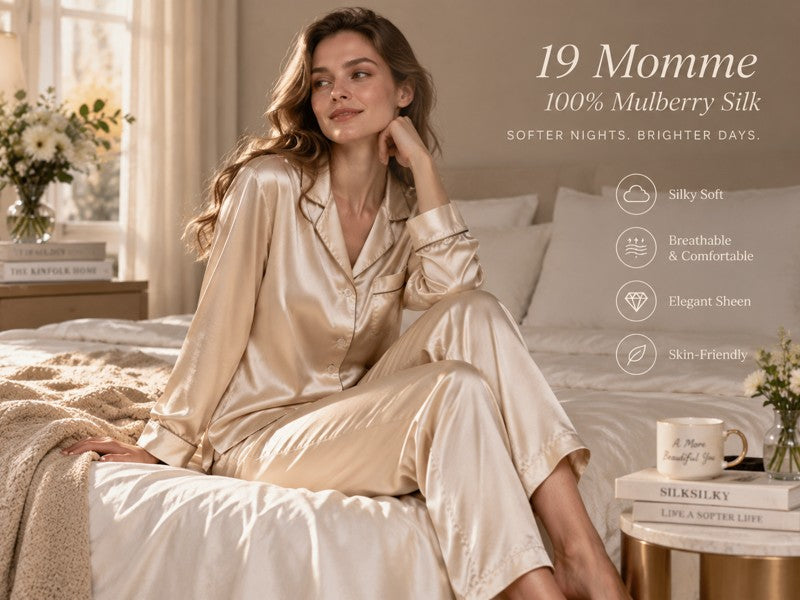 Woman sitting on bed wearing champagne 100% pure mulberry silk pyjamas