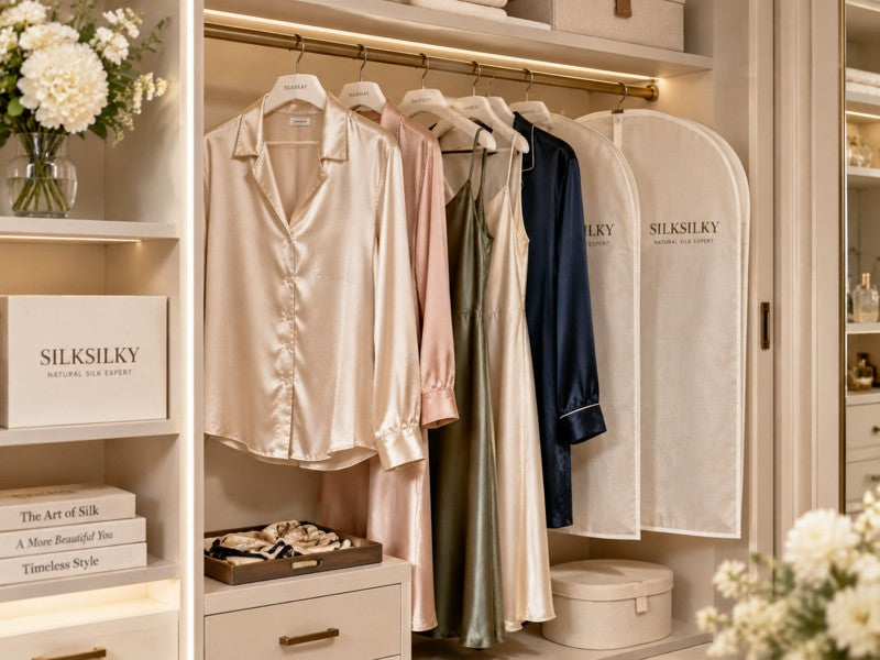 Silk clothing neatly hanging on soft padded hangers inside a bright wardrobe