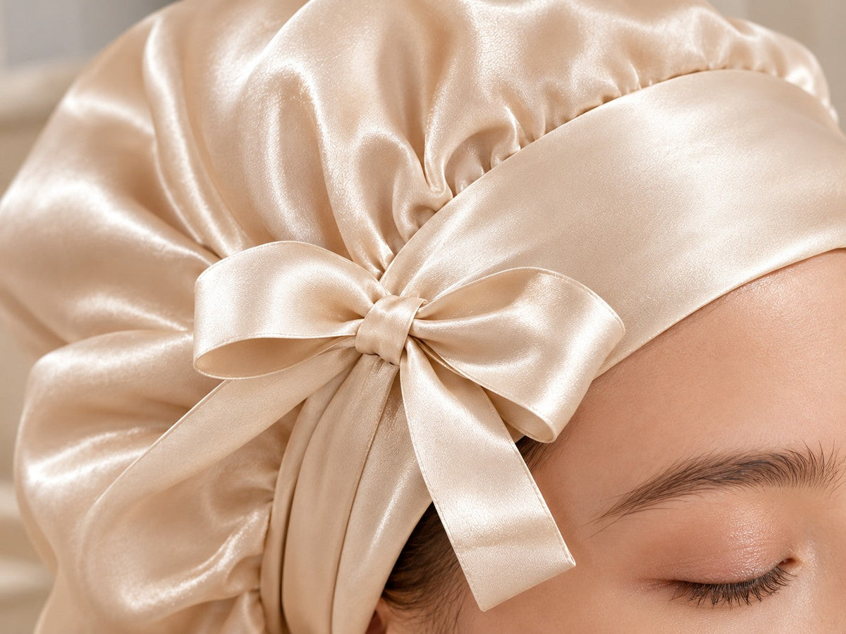 Adjustable silk bonnet with wide ribbon tie front detailing
