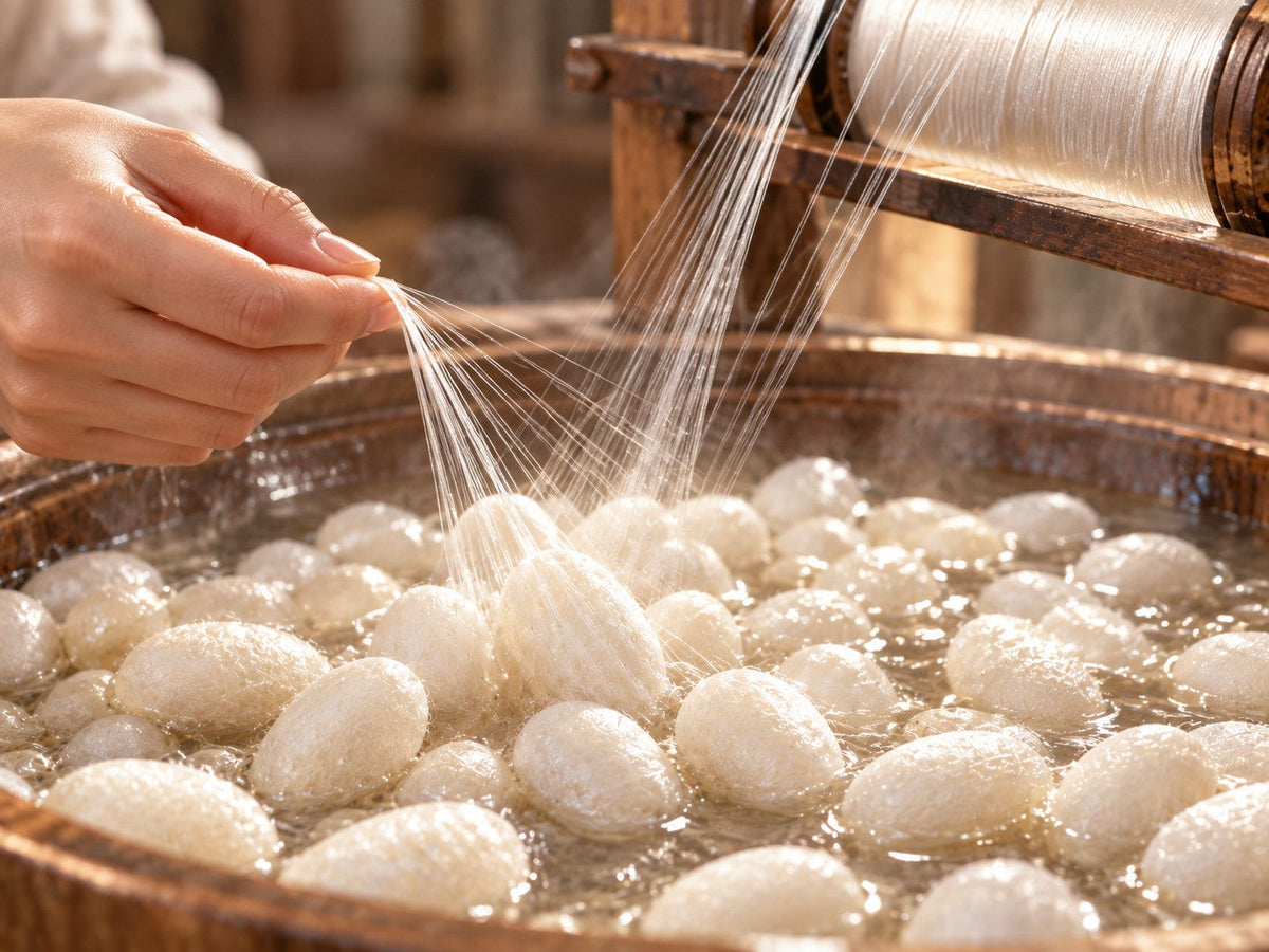 Traditional silk reeling process extracting continuous mulberry silk filament from cocoons