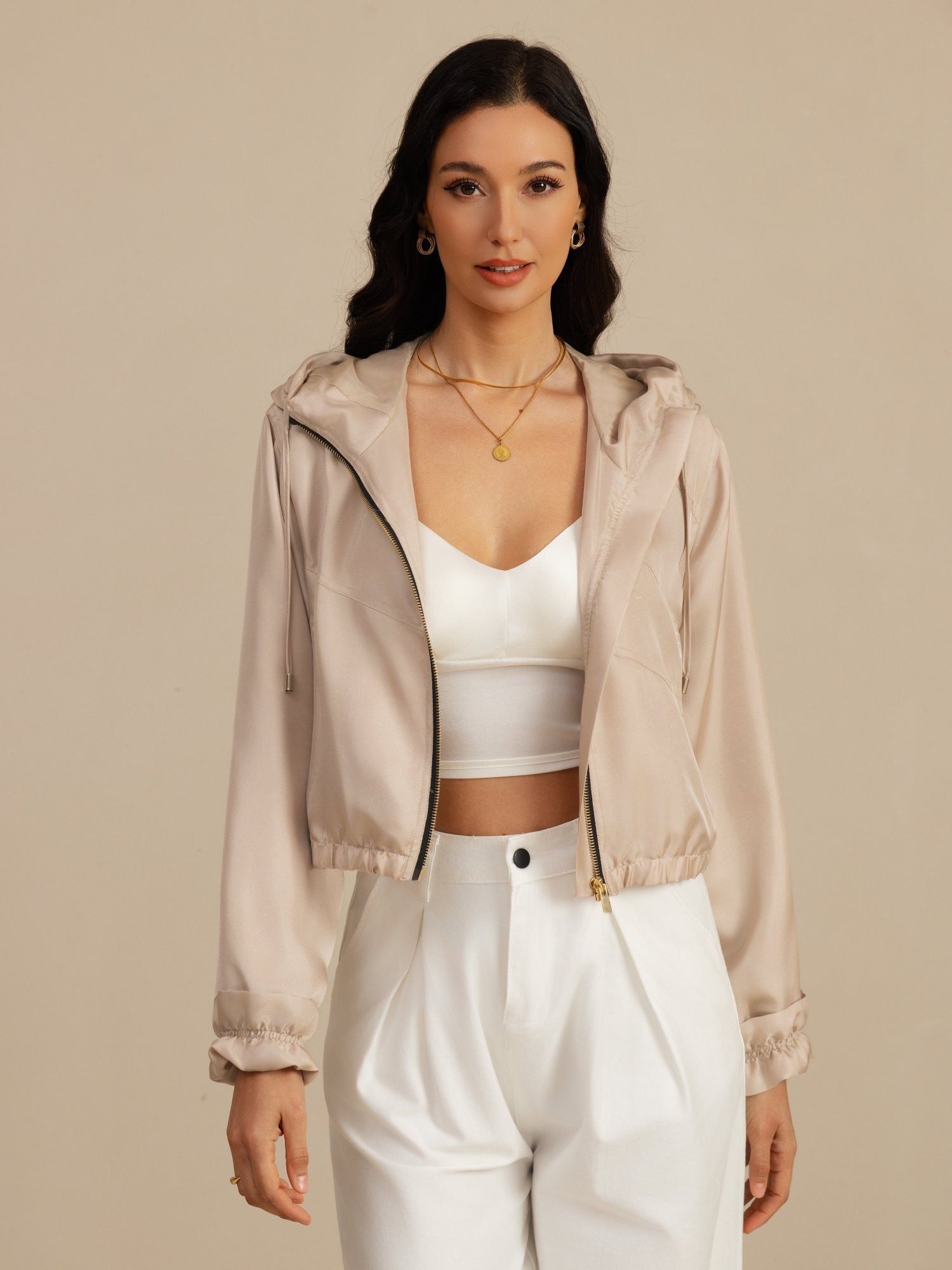 [Tan] SilkSilky-UK 18Momme Silk Satin Surah Long Sleeve High Neck Women's Outerwear 005