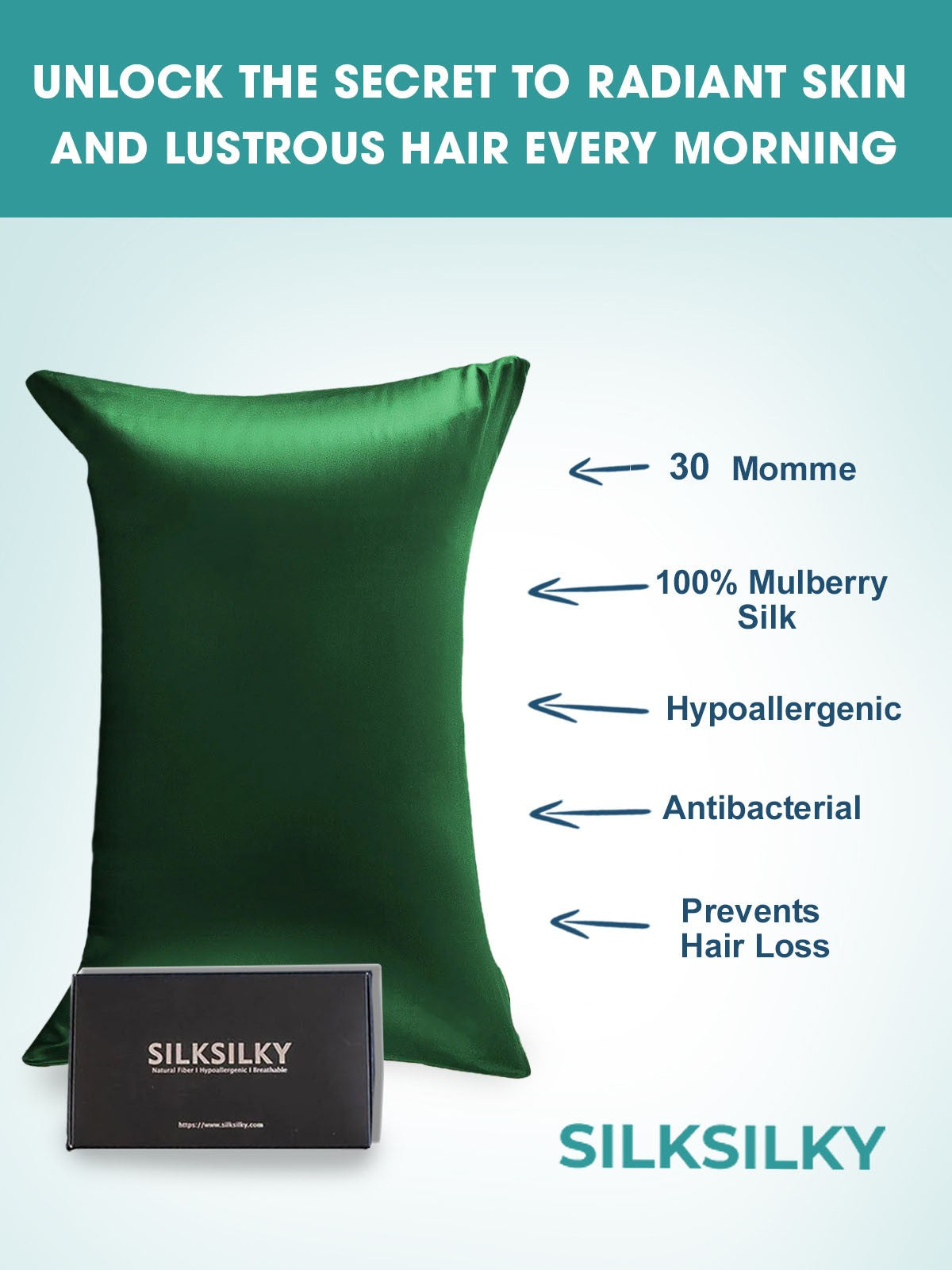 SilkSilky UK 30Momme Pure Silk Pillowcase DarkGreen 002