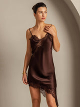 [Brown] SilkSilky-UK Pure Silk Asymmetric Dress 001