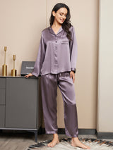 [Purple Gray] SilkSilky-UK Long Sleeve Lapel Collar Women's Pyjamas 001