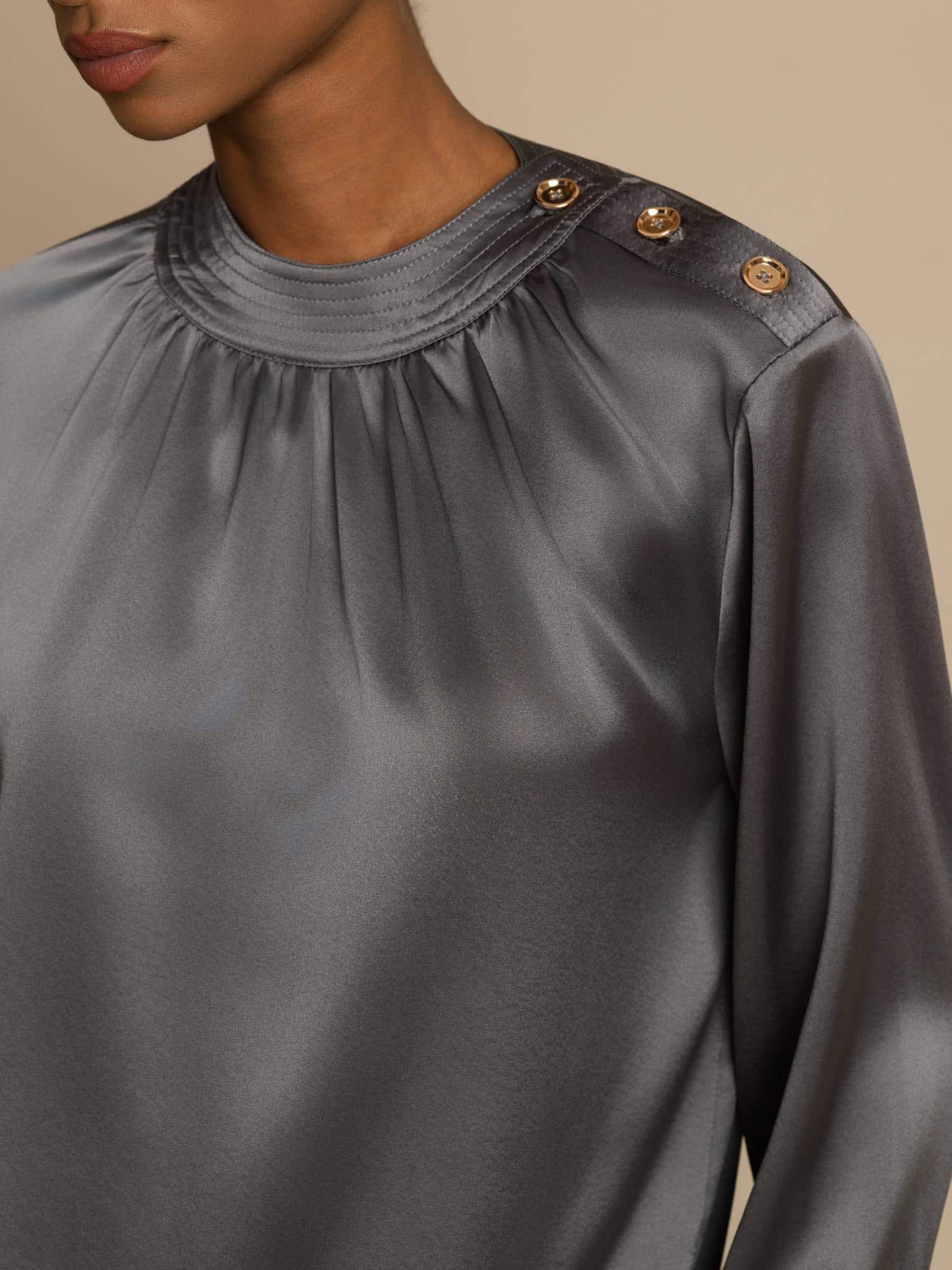 [DarkGray] SilkSilky-UK 19Momme Silk Long Sleeve Round Neck Blouse 006