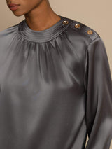 [Dark Gray] SilkSilky-UK 19Momme Stretch Silk Charmeuse Long Sleeve Round Neck Blouse 006