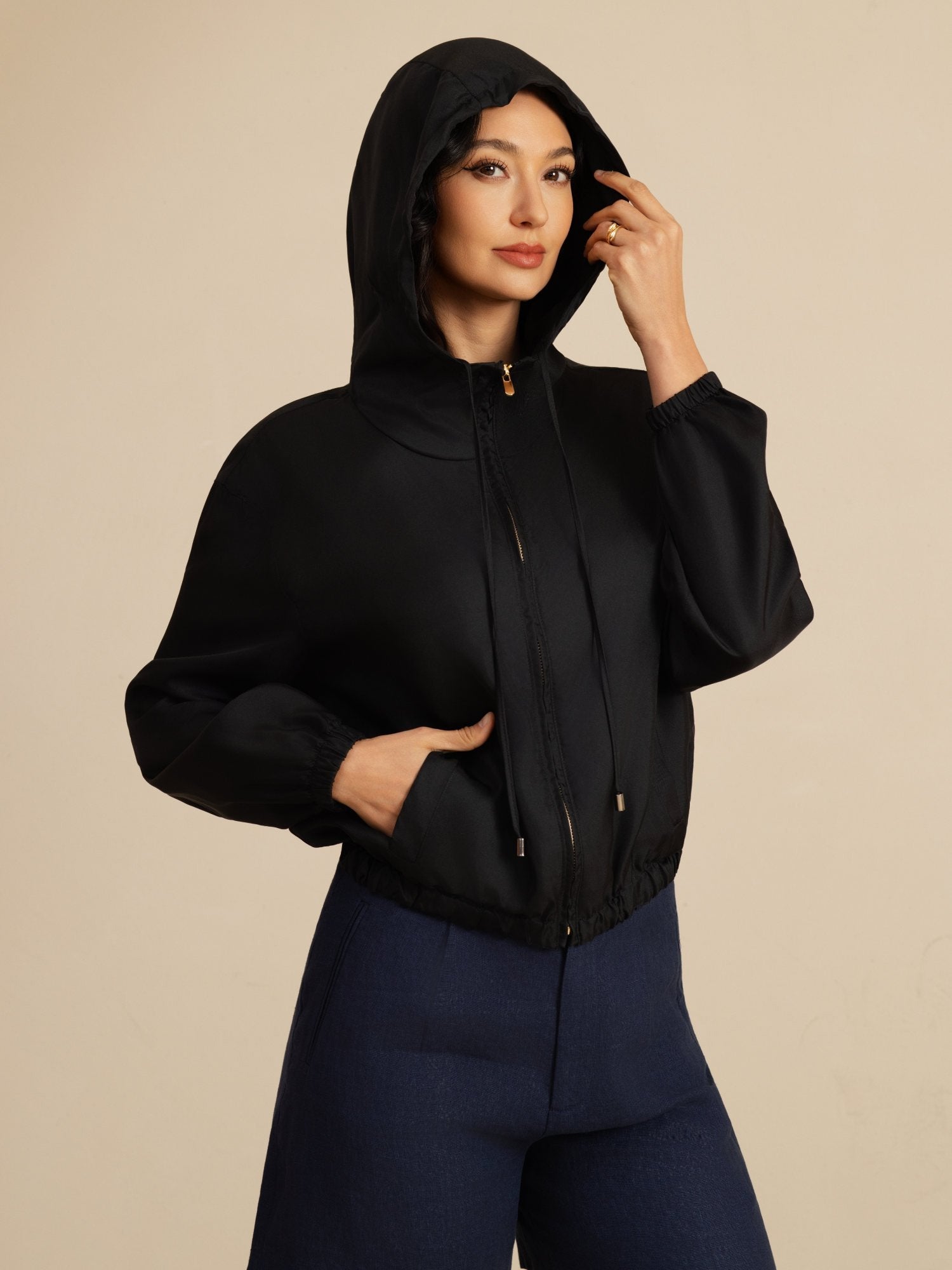 [Black] SilkSilky-UK 18Momme Silk Satin Surah Long Sleeve Stand Collar Women's Outerwear 005