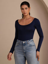 [Dark Blue] SilkSilky-UK Long Sleeve U Neck Women's T-Shirt 001