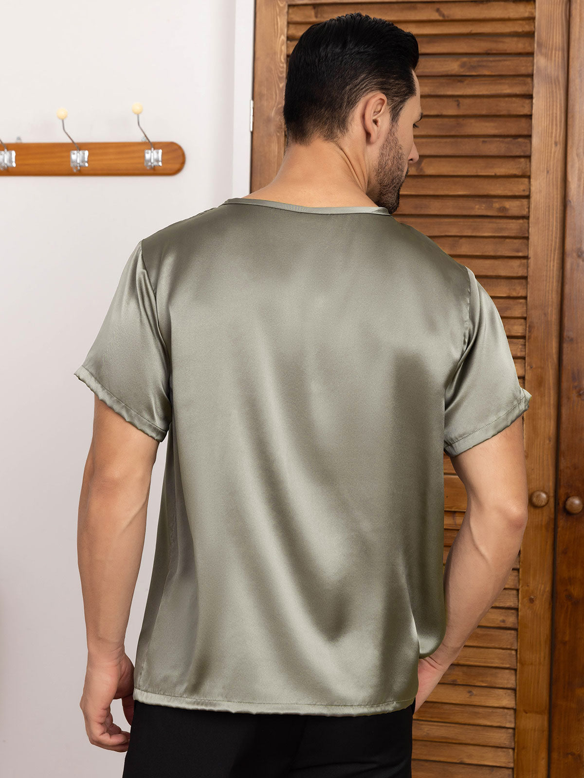 [GrayishGreen] SilkSilky-UK Pure Silk Short Sleeve Round Neck Men's T-Shirt 002