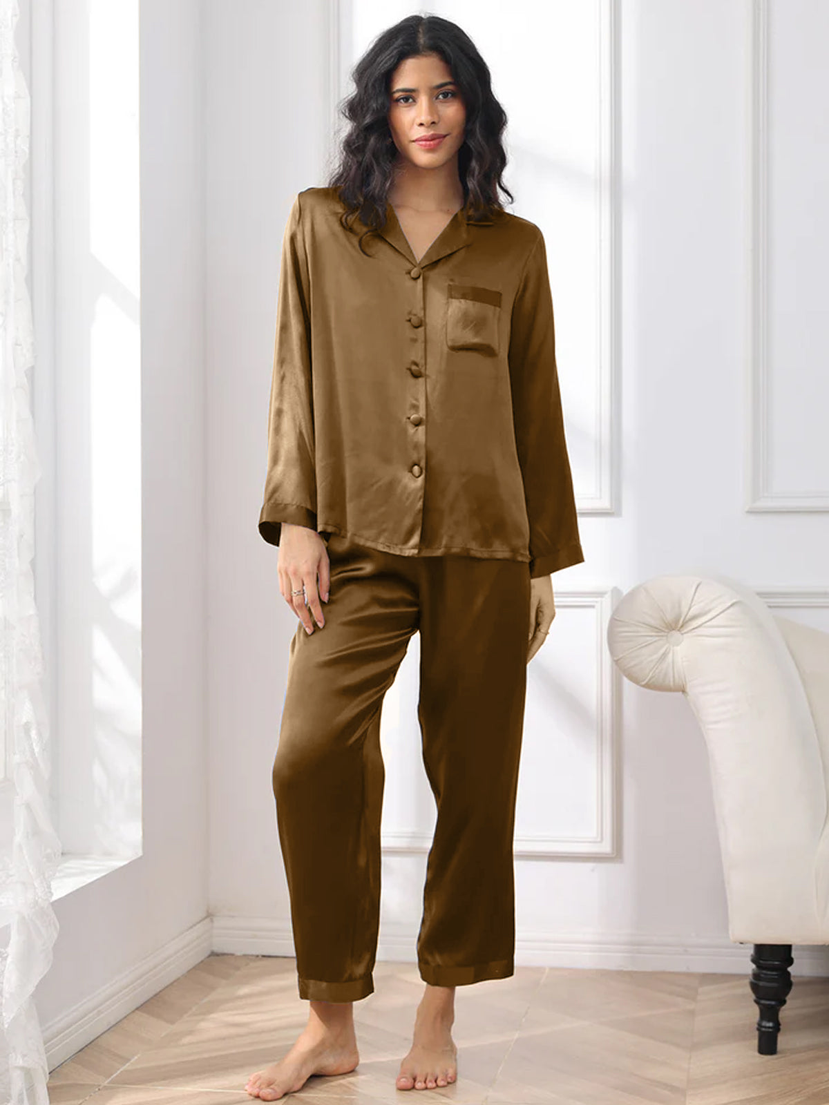[Brown] SilkSilky-UK Pure Silk Womens Pajamas 001