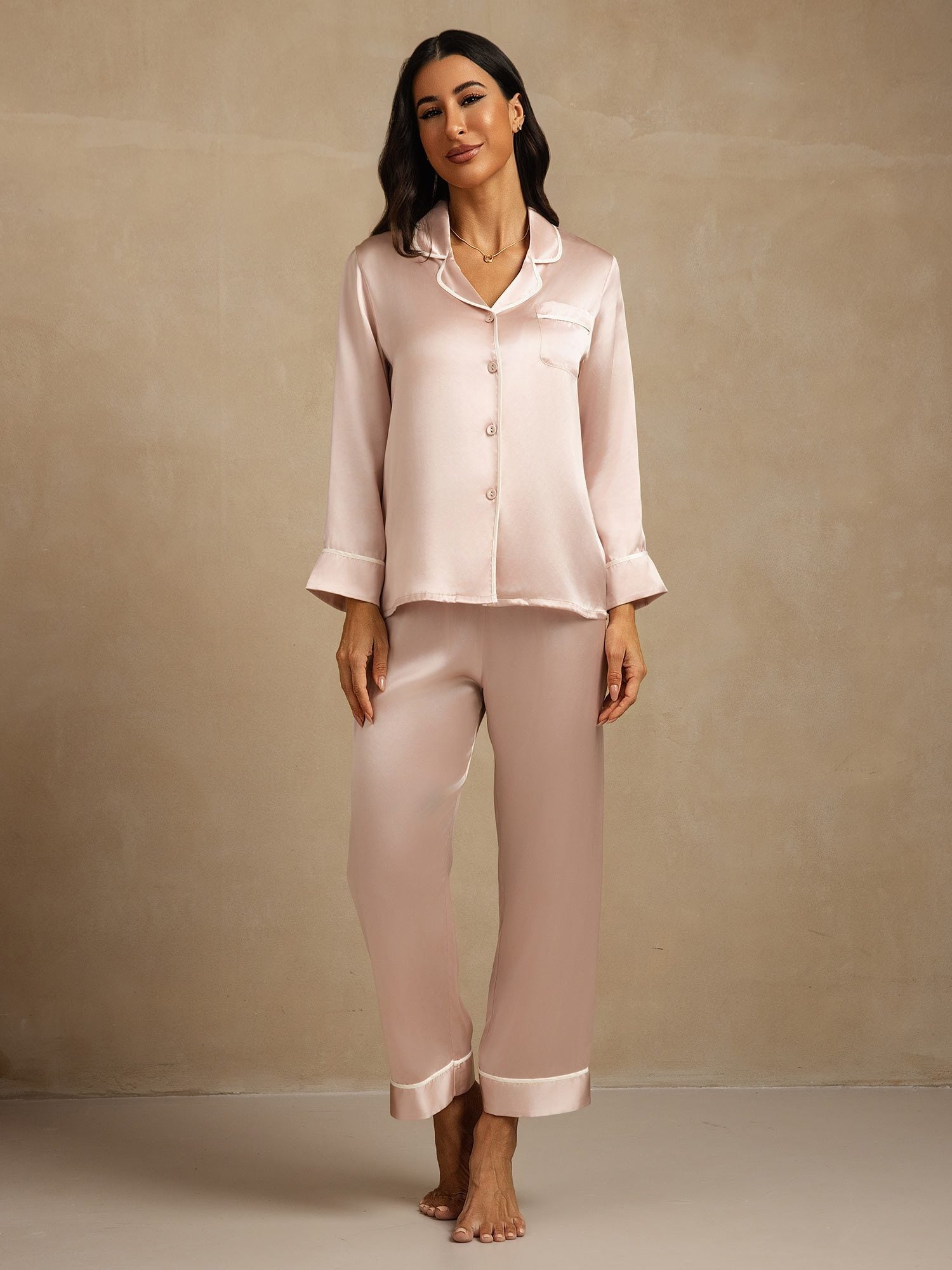 [Pink] SilkSilky-UK Long Sleeve Notch Collar Women's Pyjamas 007