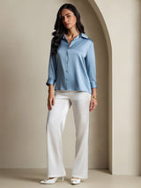 [Grayish Blue] SilkSilky-UK 19Momme Stretch Silk Charmeuse 3/4 Sleeve Lapel Collar Women's Shirt 005
