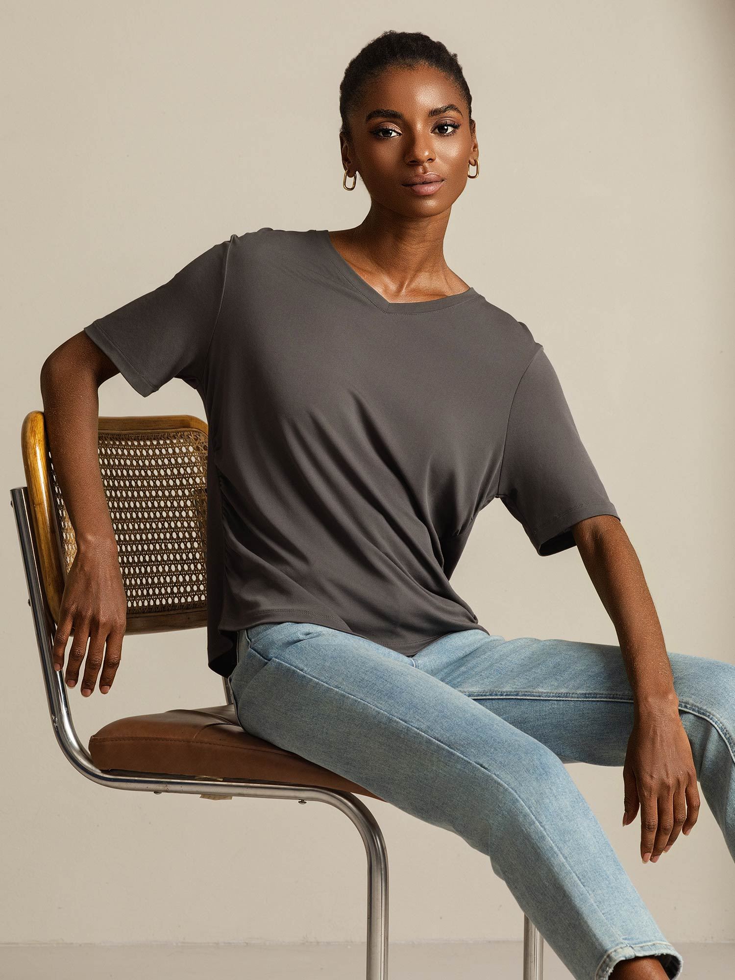 [Gray] SilkSilky-UK Pure Silk V Neck Women's T-Shirt 007