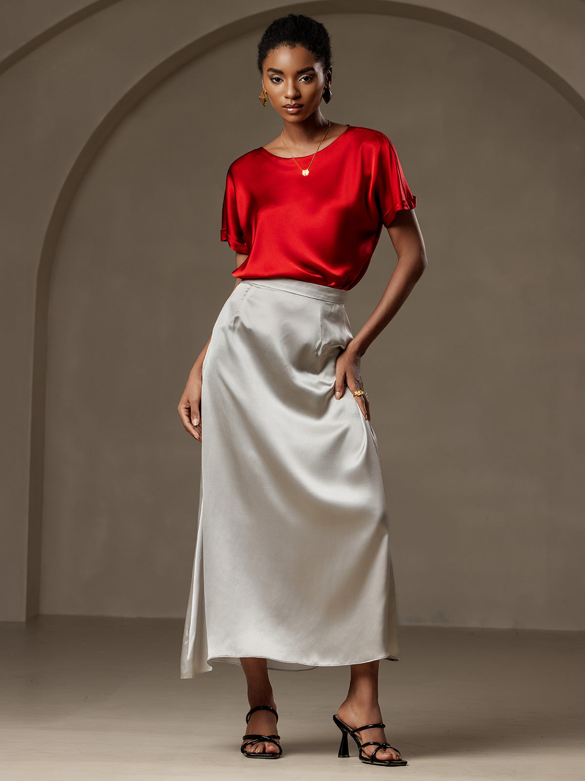 [Wine] SilkSilky-UK 19Momme Silk Short Sleeve Round Neck Women's T-Shirt 006