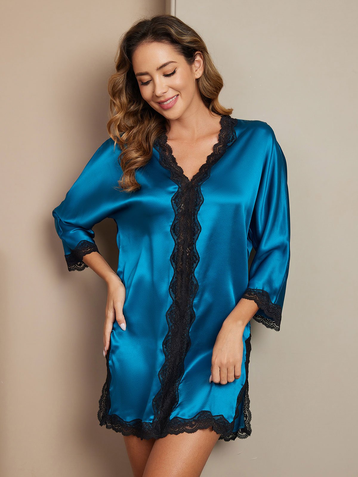 SilkSilky UK Pure Silk 3/4 Sleeve V Neck Nightdress Teal 001