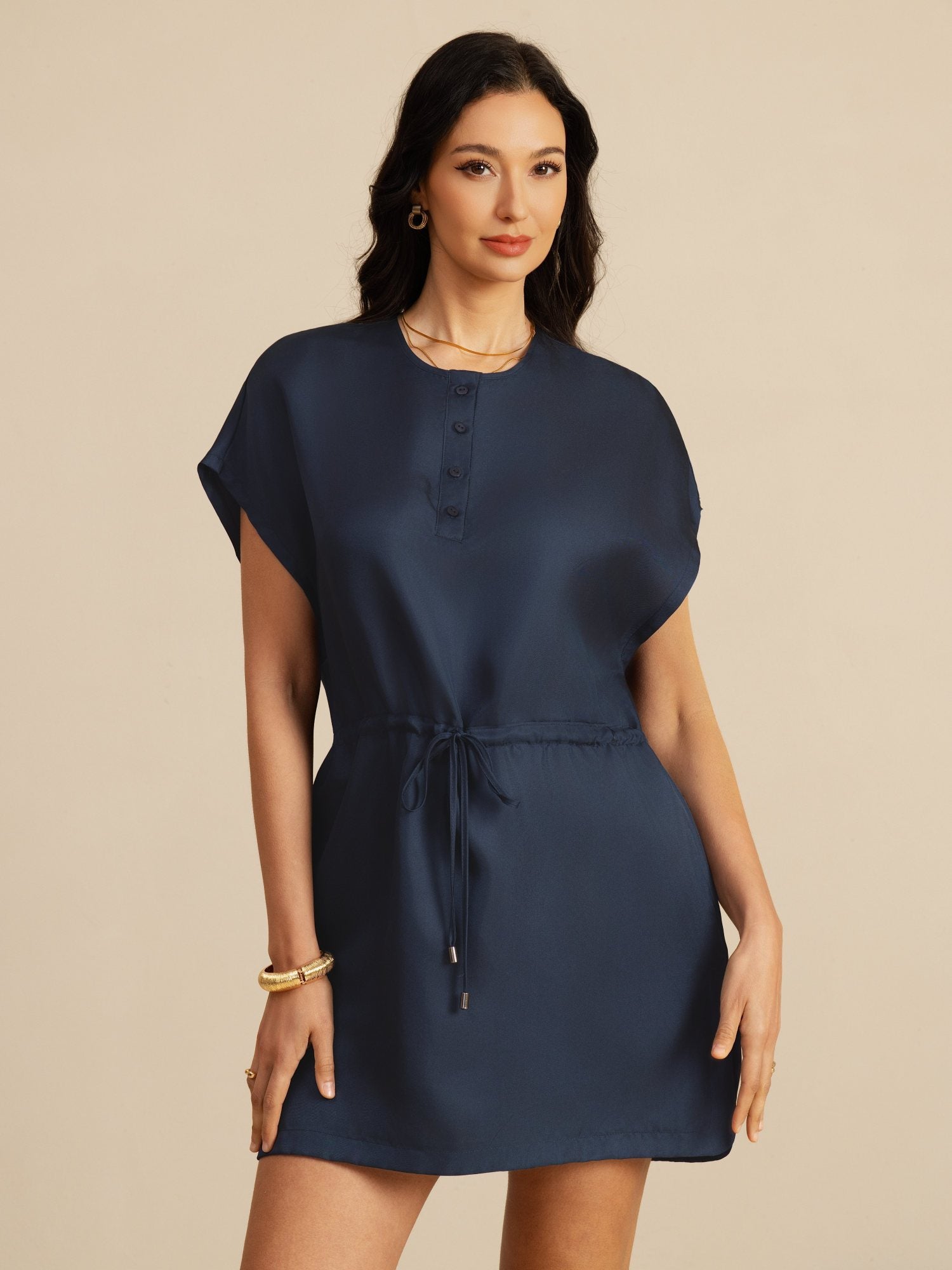 [Dark Blue] SilkSilky-UK 18Momme Silk Satin Surah Cap Sleeve Henley Neck Dress 001
