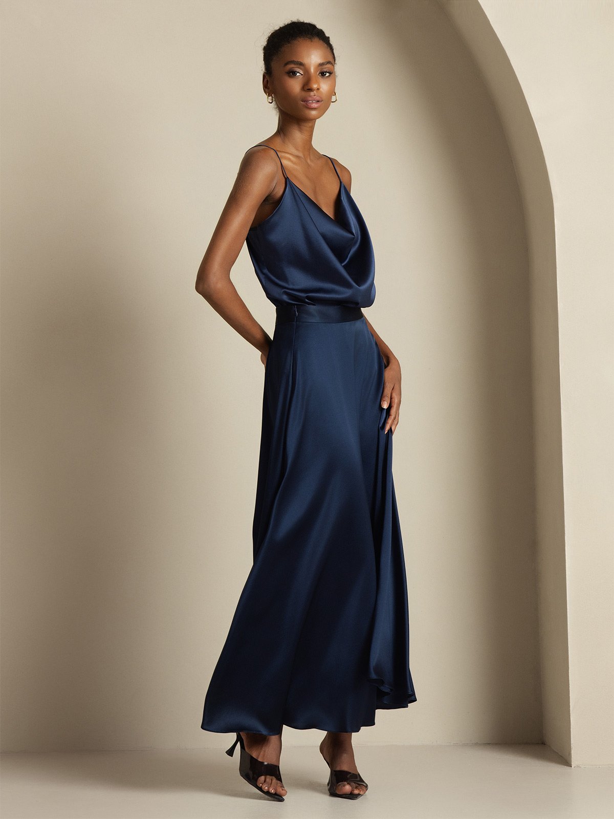 [Dark Blue] SilkSilky-UK 19Momme Silk Knitted Cowl Neck Women''s Outfit Sets 005,