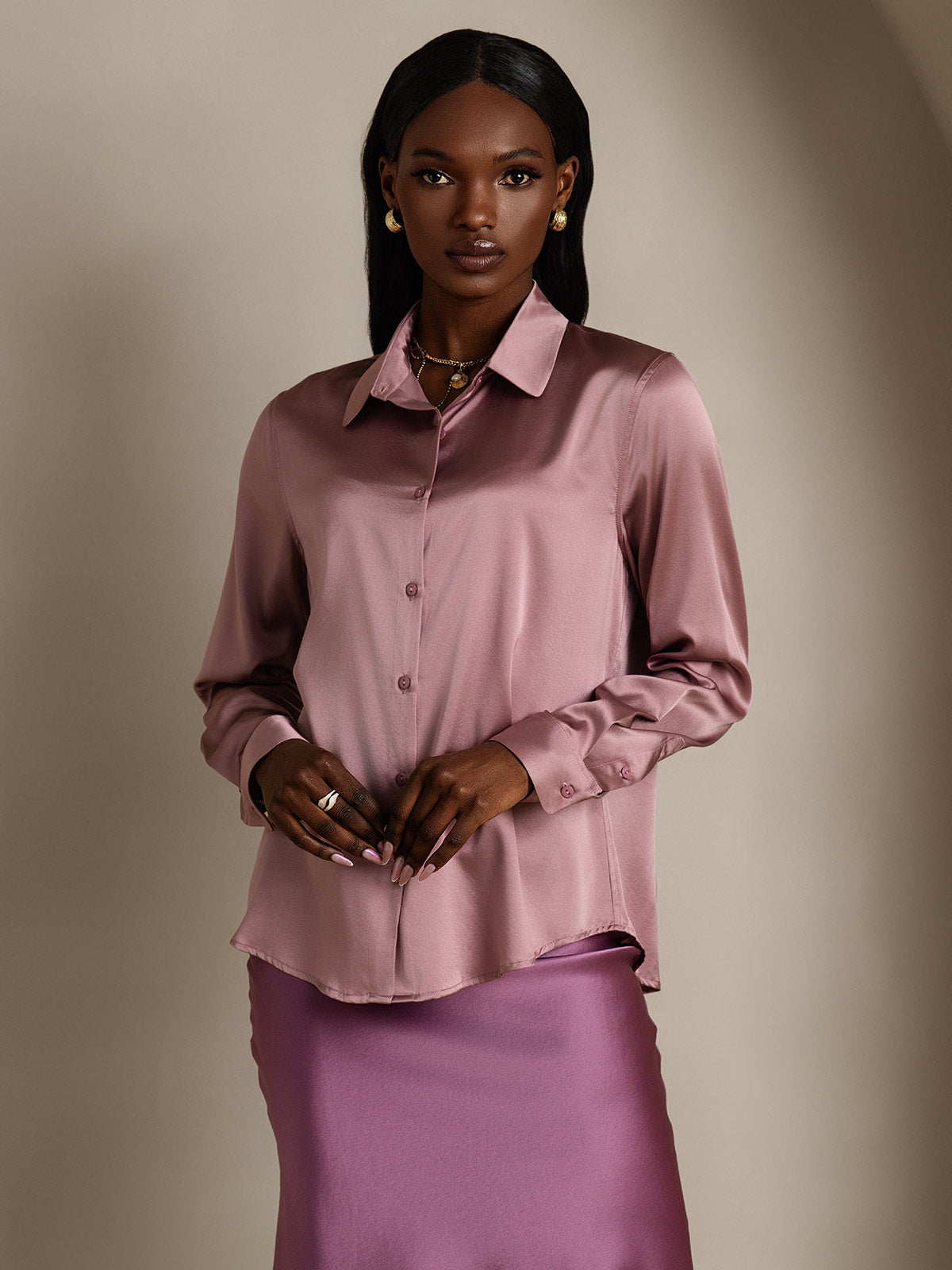 SilkSilky-UK Silk Long Sleeve Collar Women's Shirt PaleMauve 006