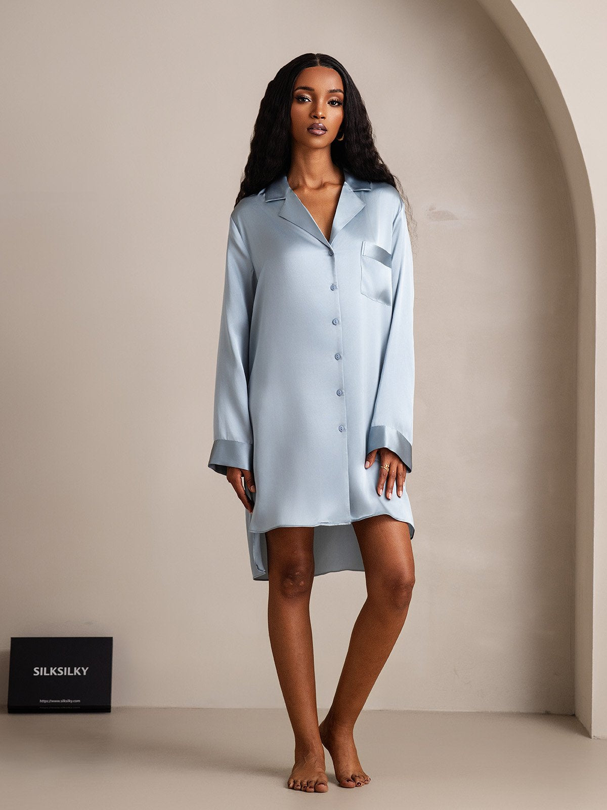 [GrayishBlue] SilkSilky-UK Pure Silk Collar Nightdress 005