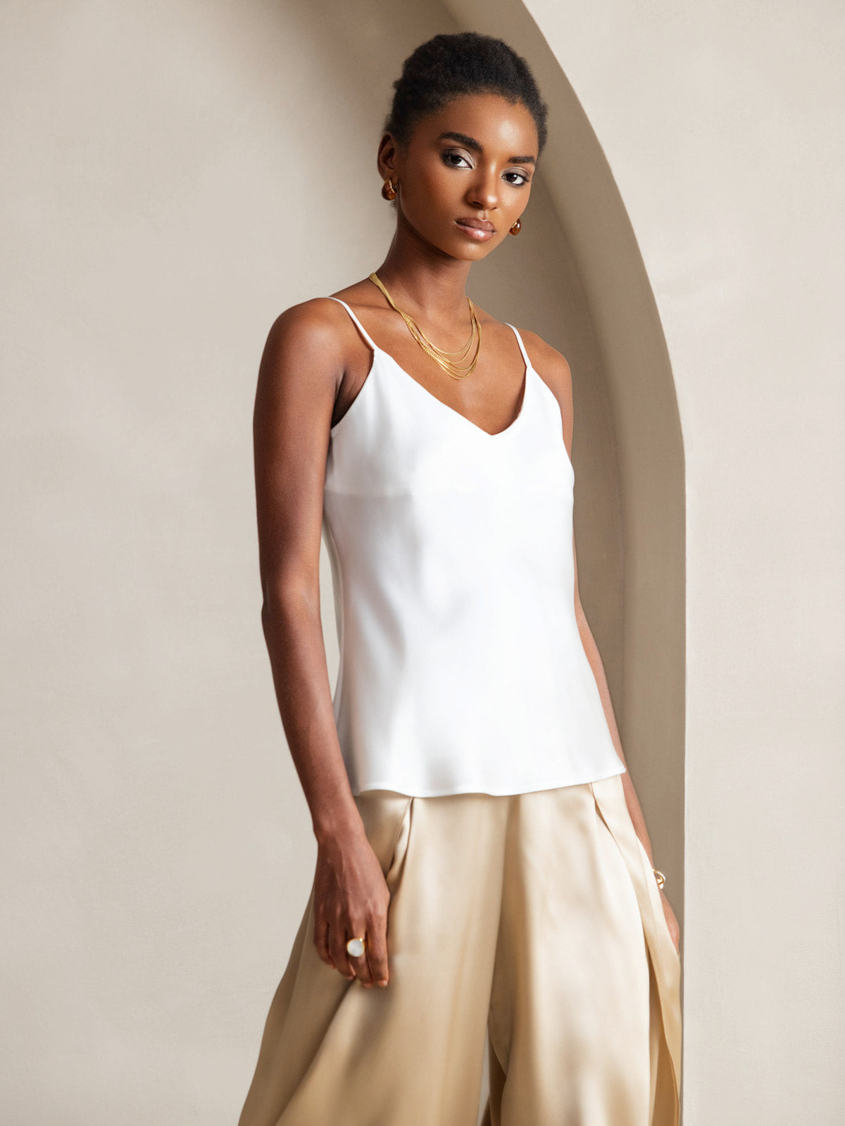 [White] SilkSilky-UK Pure Silk V Neck Camisole 005