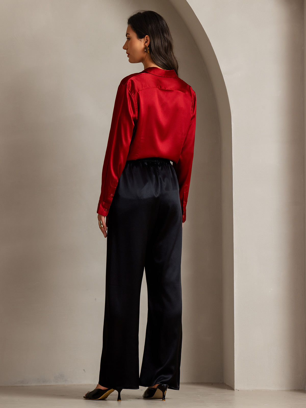 [Red] SilkSilky-UK Silk Long Sleeve Collar Women's Shirt 002