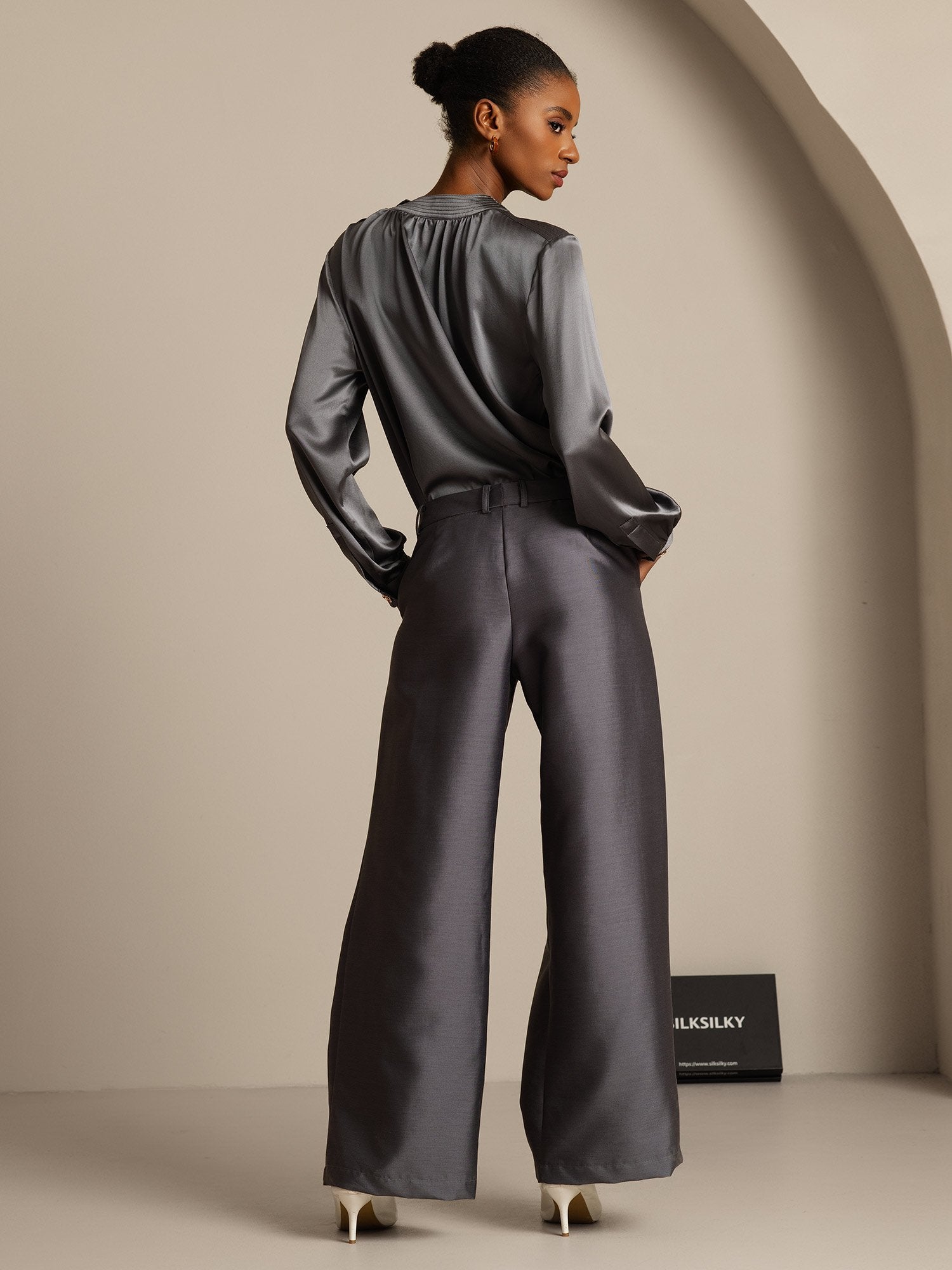 [Gray] SilkSilky-UK 32Momme Silk-Wool Blend Womens Pants 002,