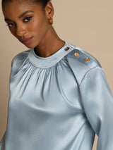 [Grayish Blue] SilkSilky-UK 19Momme Stretch Silk Charmeuse Long Sleeve Round Neck Blouse 006