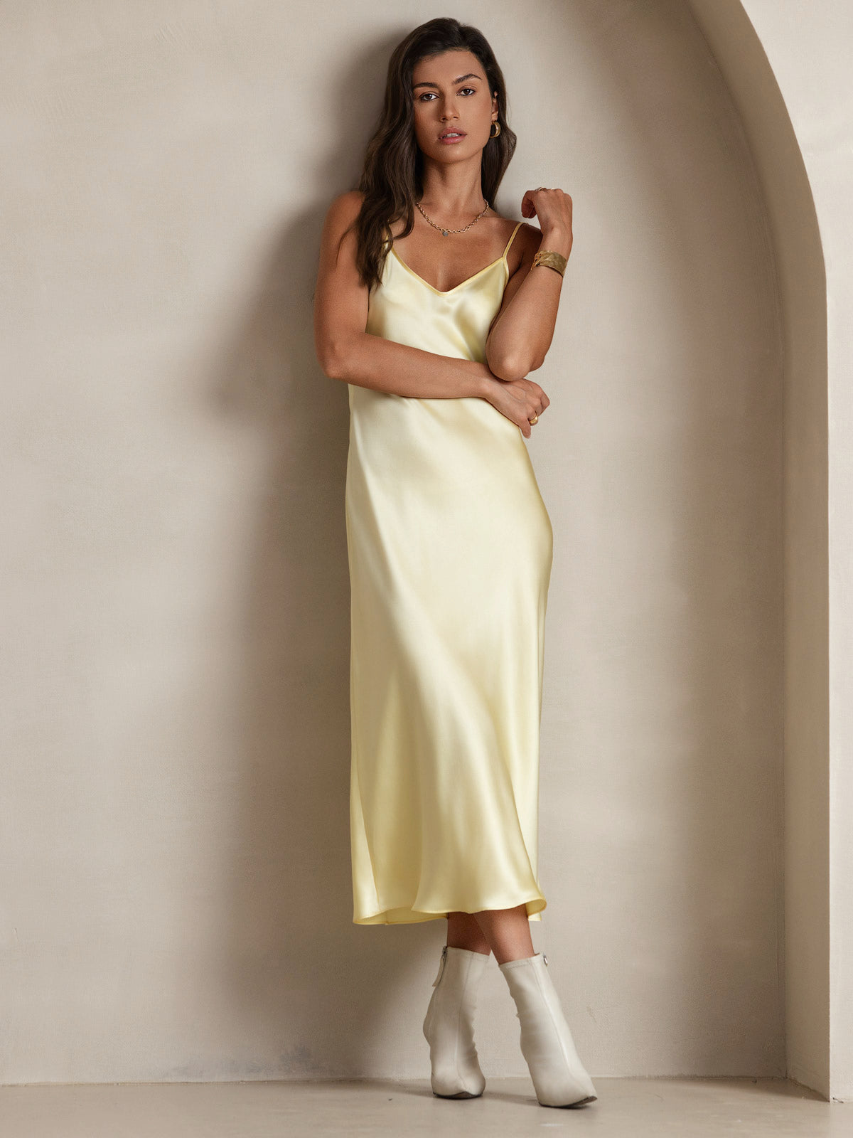 SilkSilky-UK Pure Silk Sleeveless Boat Neck Dress LightYellow 005