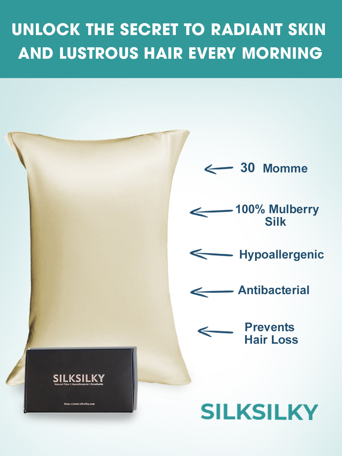 SilkSilky UK 30Momme Pure Silk Pillowcase Ivory 003